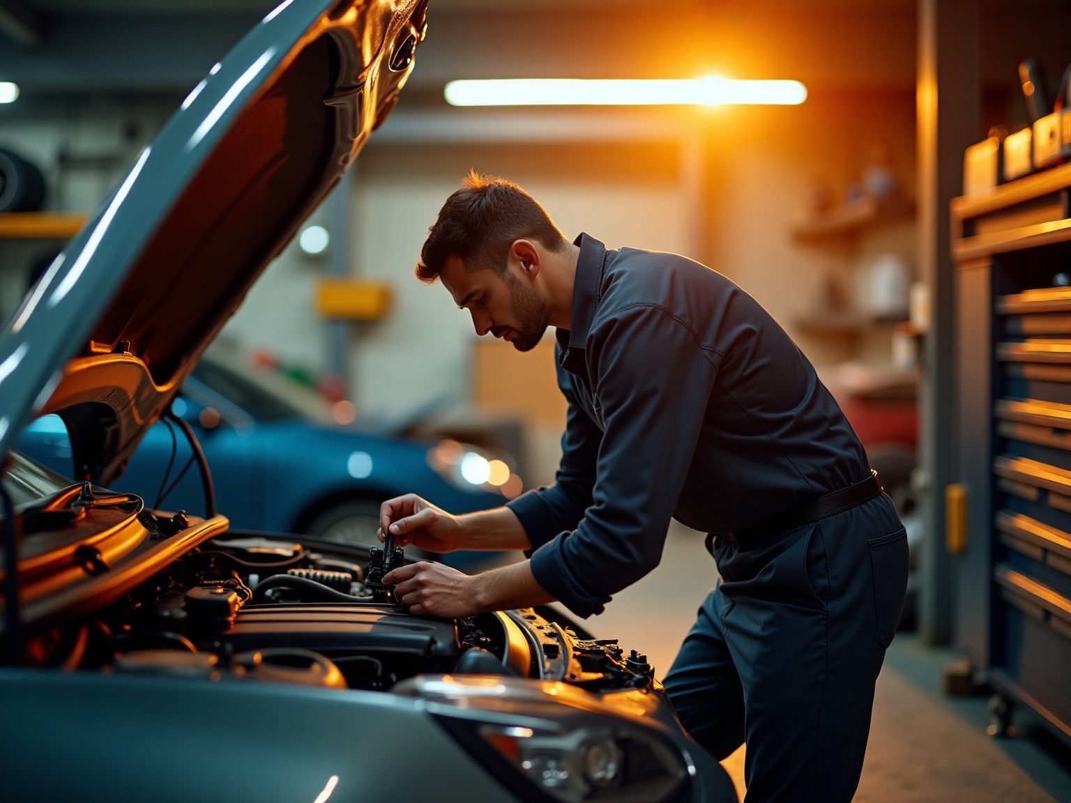 Mécanicien au travail, les mains dans le moteur