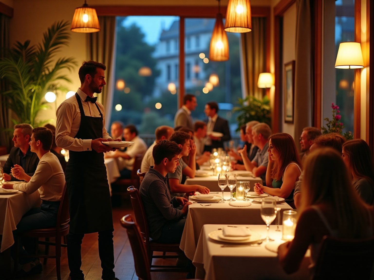 Salle de restaurant comble à l'heure bleue, serveur en plein service